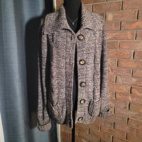 Style & Co Brown/White Tweed Wide-Collared Long Sleeve Chunky Cardigan  - Size L - Picture 1 of 12